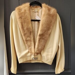 VINTAGE REGALIA FURS BEIGE CASHMERE MINK COLLAR CARDIGAN